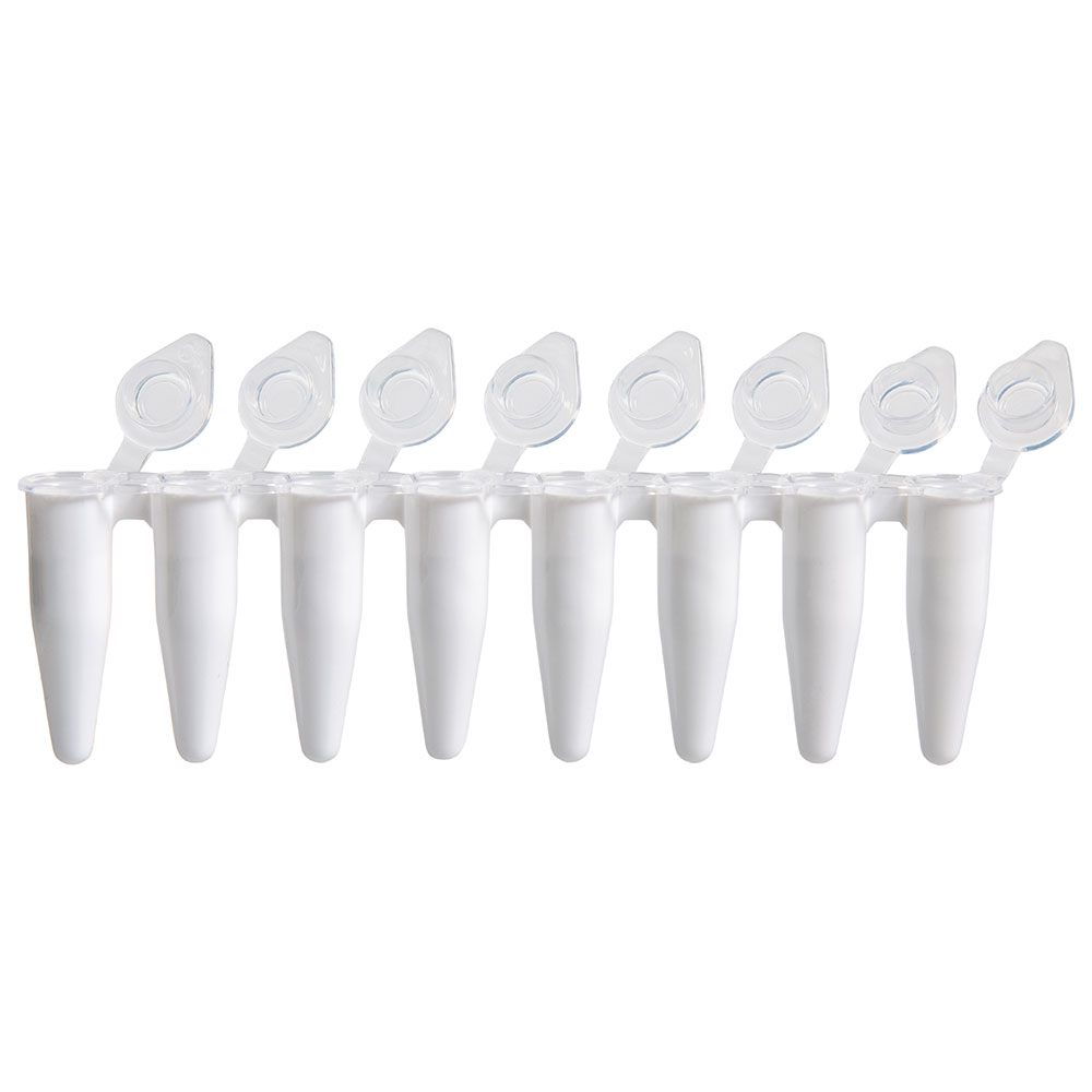 Globe Scientific DiamondLink 0.2mL 8-Strip Tubes, with Individually-Attached Flat Caps, White Image